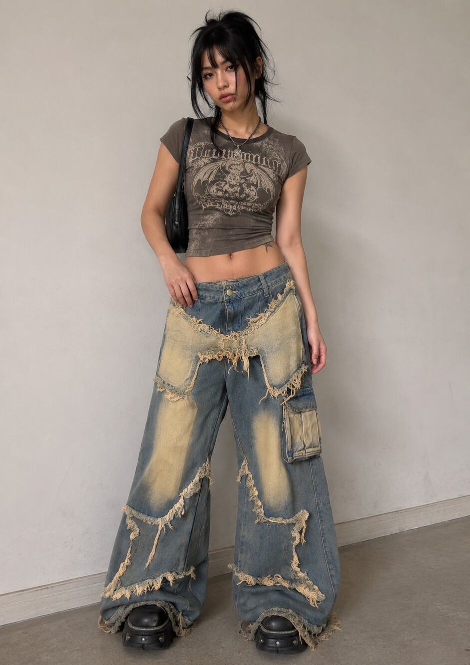 Y2K Distressed Patchwork Cargo Wide Leg Jeans Grunge Punk Size 32